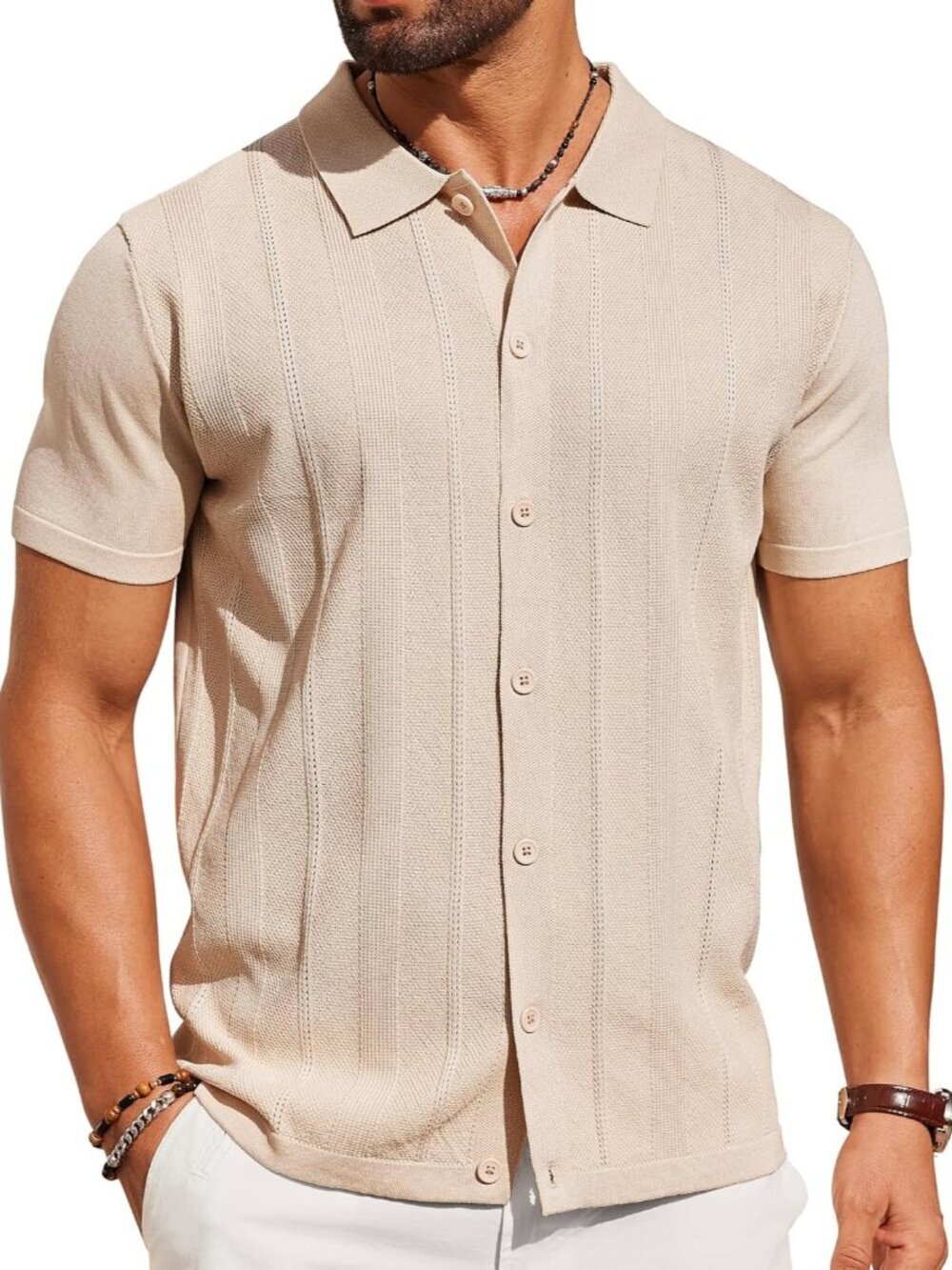 Men's Cream Knit Short Sleeve Button Down Polo premium lightweight Shirt